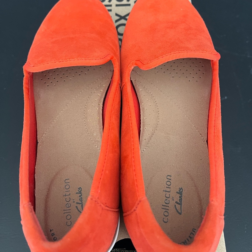 Clarks Women's Vibrant Orange Suede Flats, Gently Worn